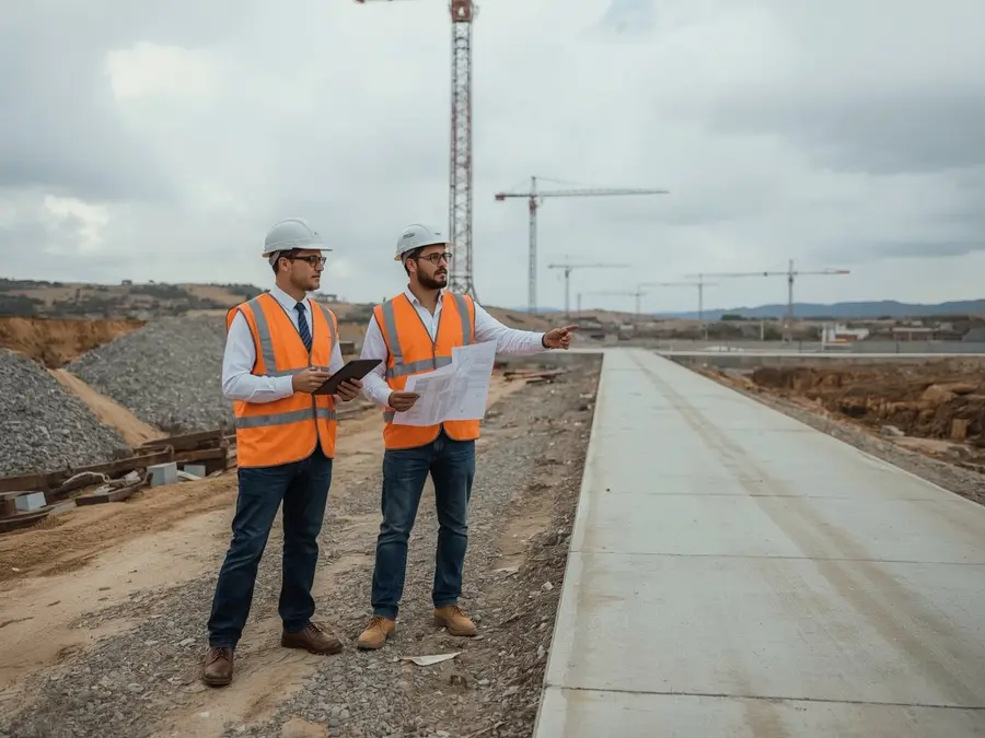 Dos ingenieros con planos revisando el trazado de un camino en construcción
