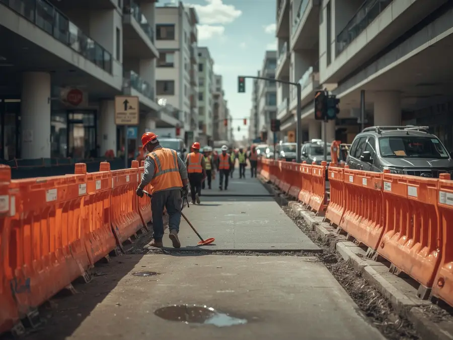 Trabajos viales con barreras de seguridad naranjas en una calle urbana con tránsito